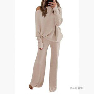 Medium Knitted Sweatsuit Set Off Shoulder Sweater Wide Leg Pants